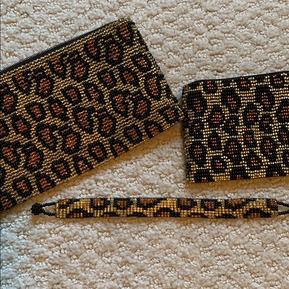 Handbags - NEW leopard beaded clutch, coin purse and bracelet